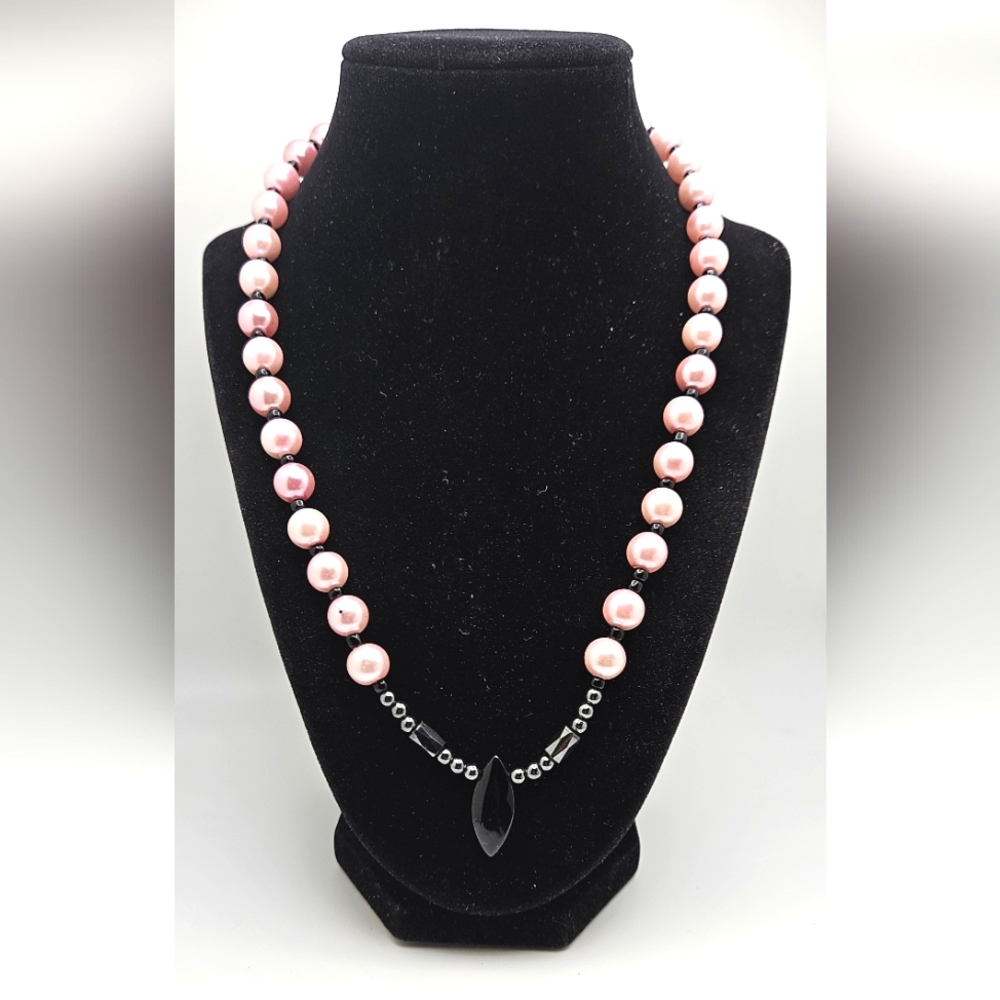 Blush Pink Pearl Necklace with Black Teardrop Accent